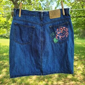 Vintage Memphis Denim Skirt Painted Floral Back Pocket size 11/12